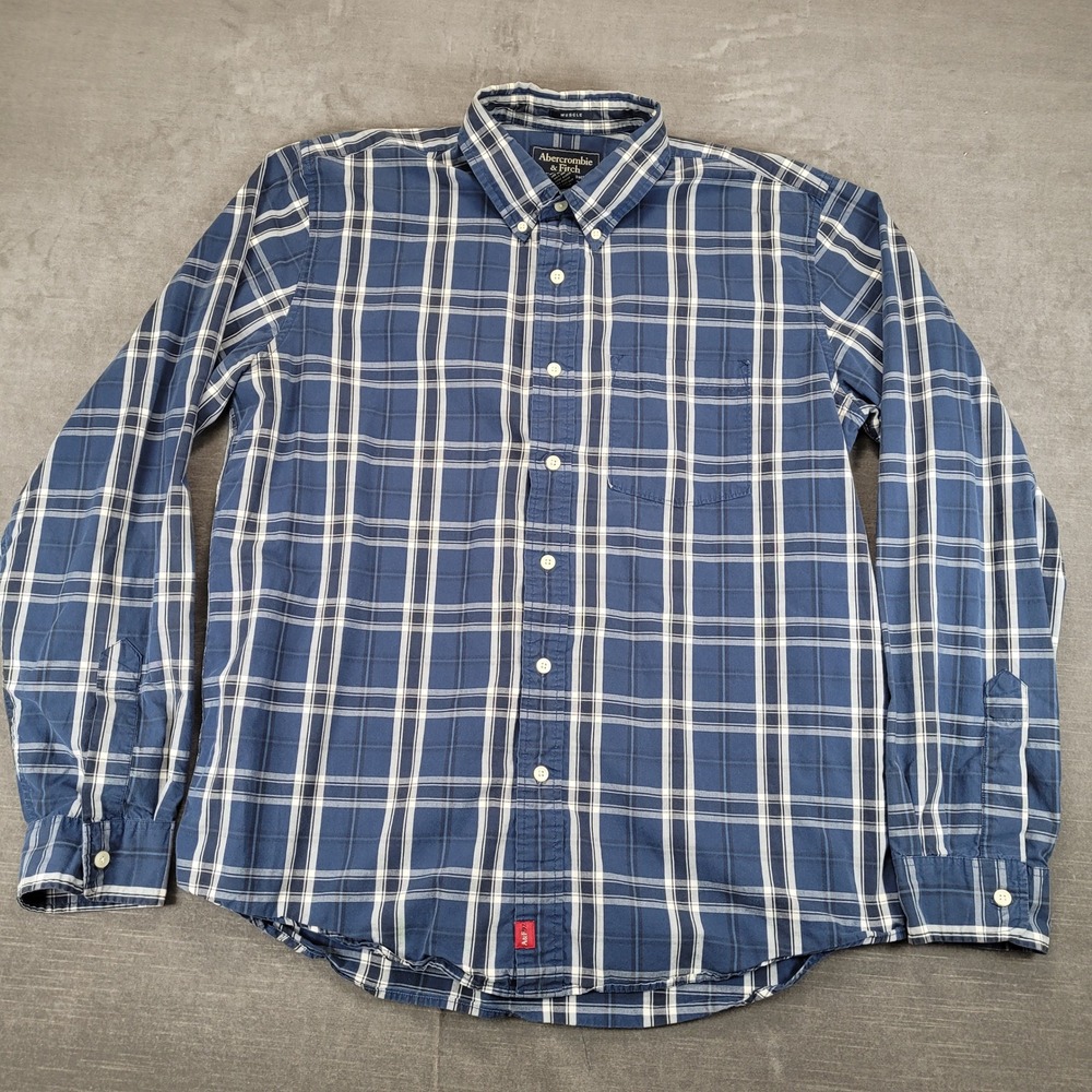 Abercrombie & Fitch Y2K Mens Muscle Fit Plaid Button Down Shirt Blue White Large